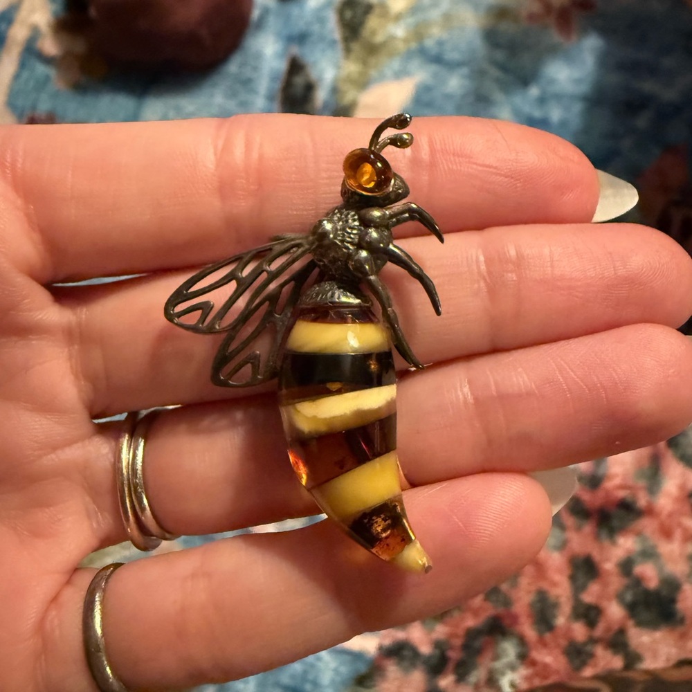 Sterling Bee or Wasp Pendant with Baltic Amber